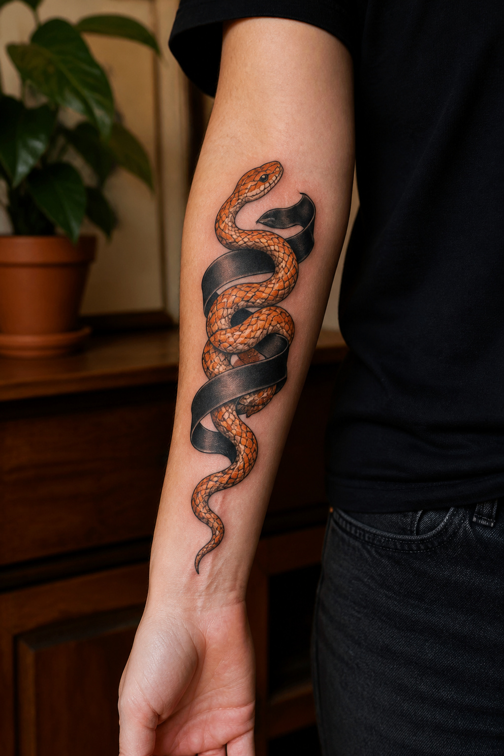 Corn snake coiled around a banner tattoo.