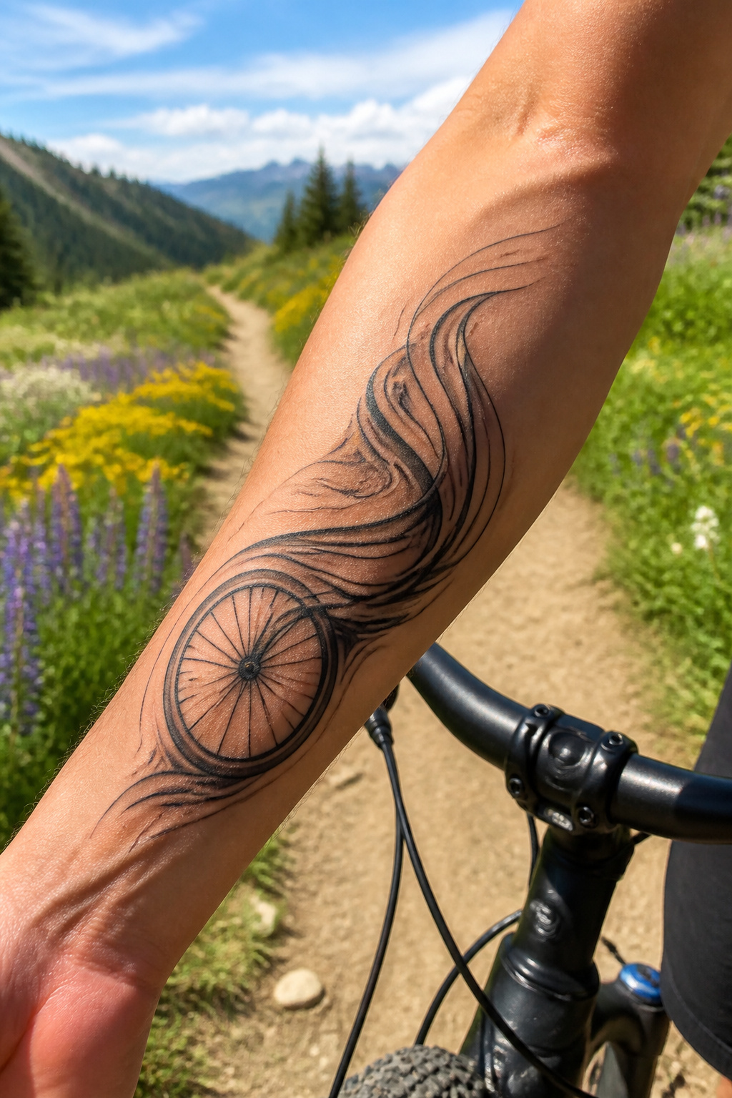 Bike Life Tattoo Ideas: 37 Designs for Cyclists in 2026 34 Tattoo of swirling spokes on a forearm.