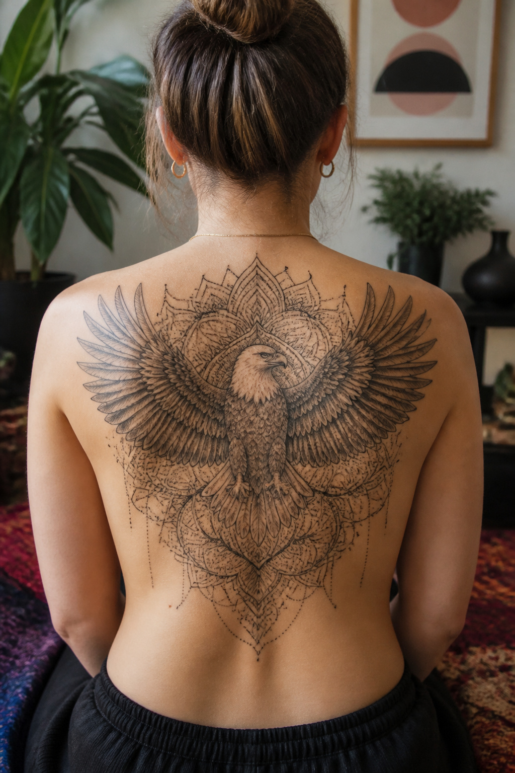 Eagle Tattoo Ideas for Men and Women: Designs and Styles 34 Eagle tattoo surrounded by detailed mandala.