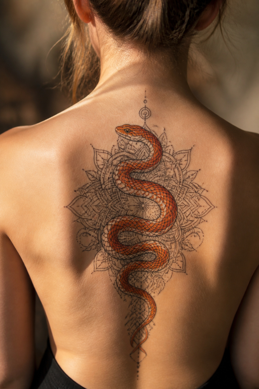 Corn snake intertwined with a mandala tattoo.