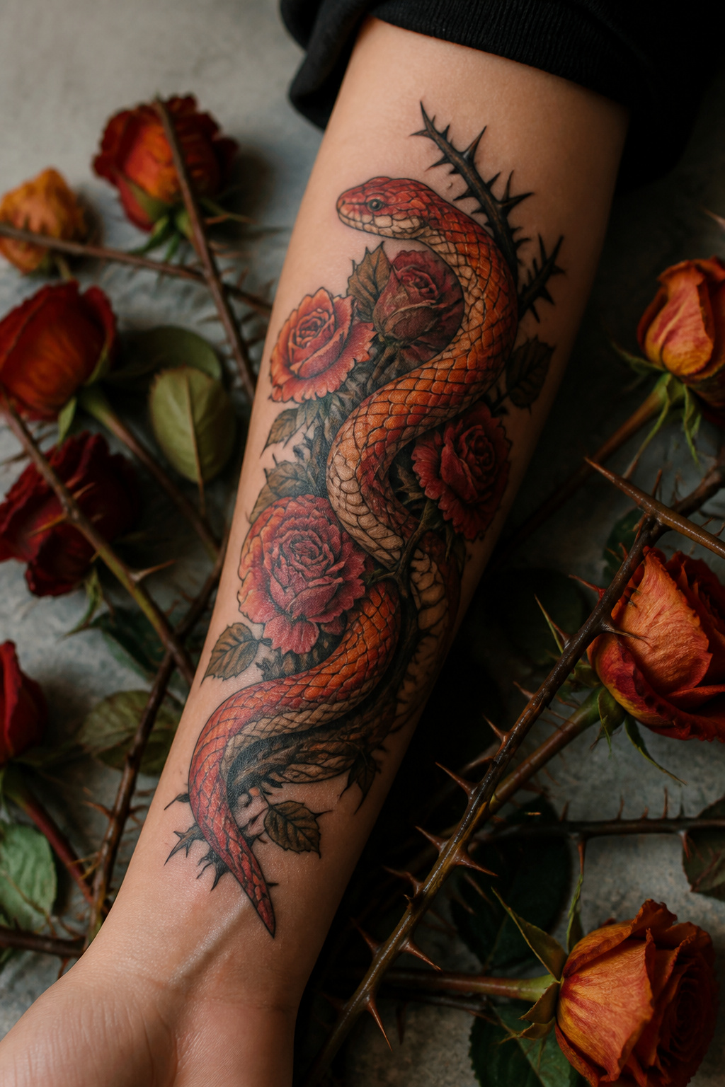 Corn snake among thorns and roses tattoo.
