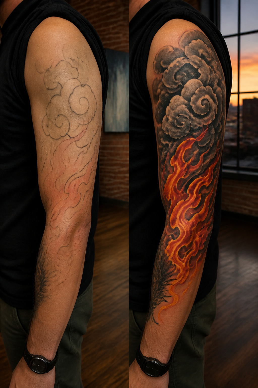 40 Cloud Tattoo Ideas for 2026: Japanese, Storm, Sleeve & More 36 Tattoo of clouds with flames underneath.