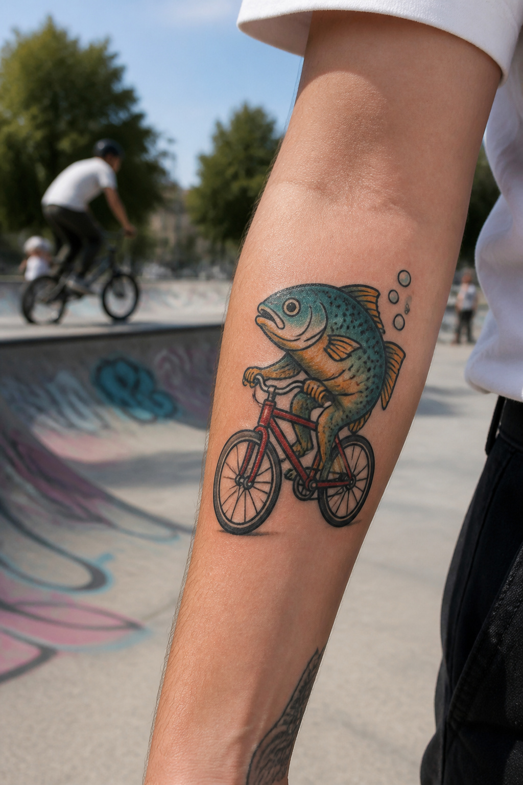 Bike Life Tattoo Ideas: 37 Designs for Cyclists in 2026 36 Tattoo of a fish riding a bicycle on the forearm.