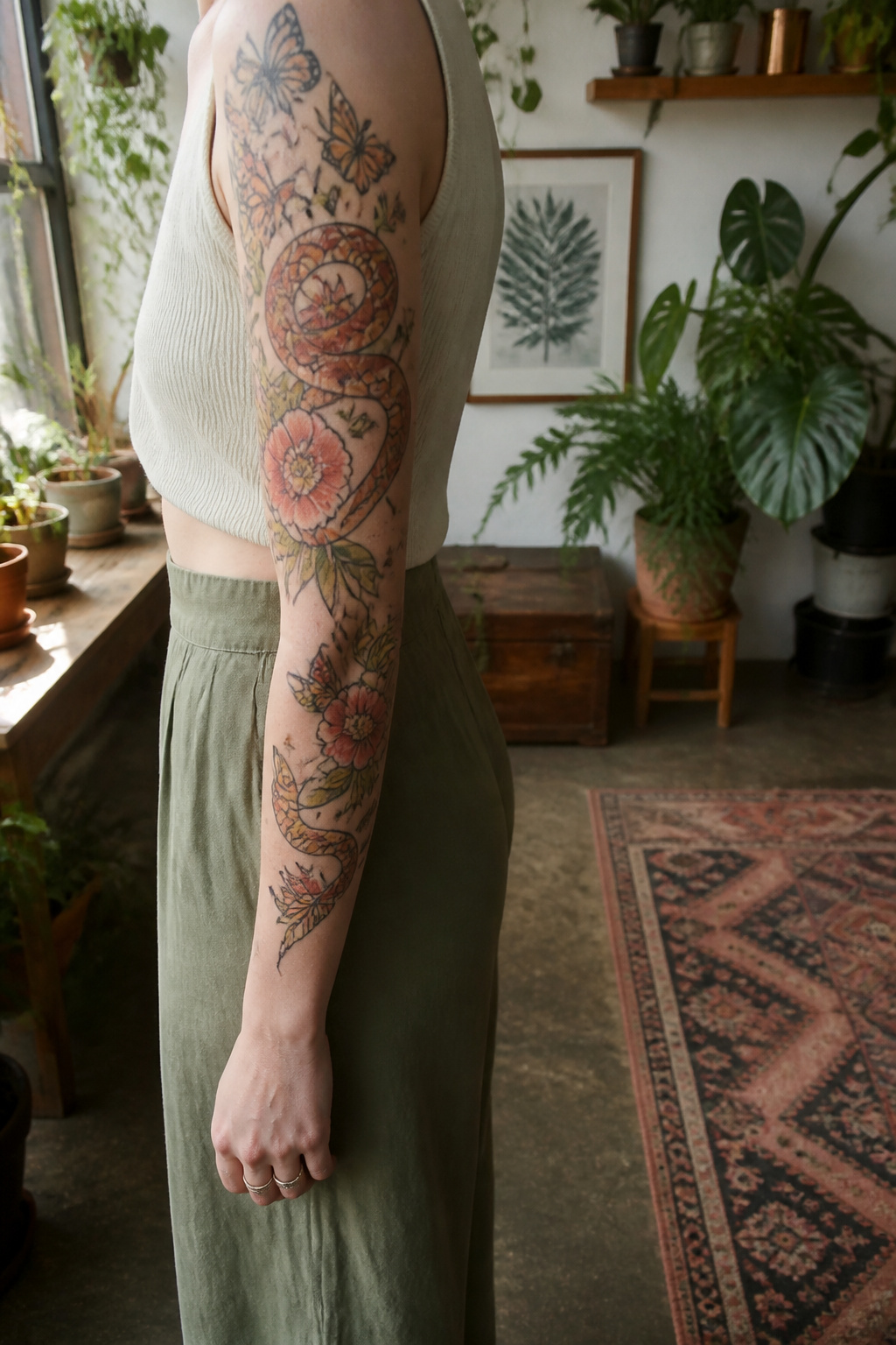 Corn snake in a garden scene tattoo.