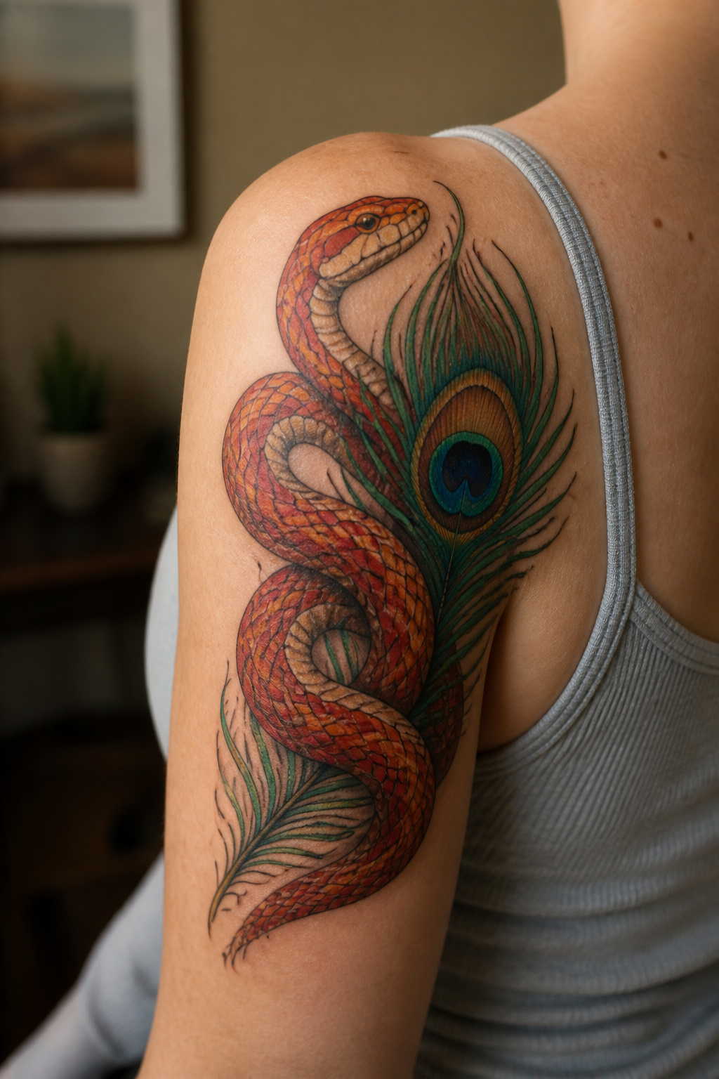 Corn snake and peacock feather tattoo.