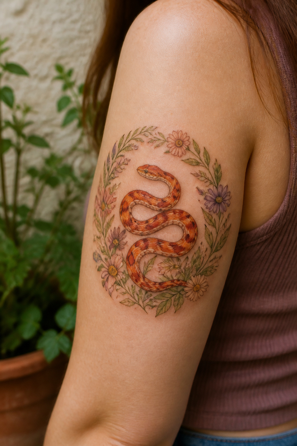 Corn snake within a floral wreath tattoo.