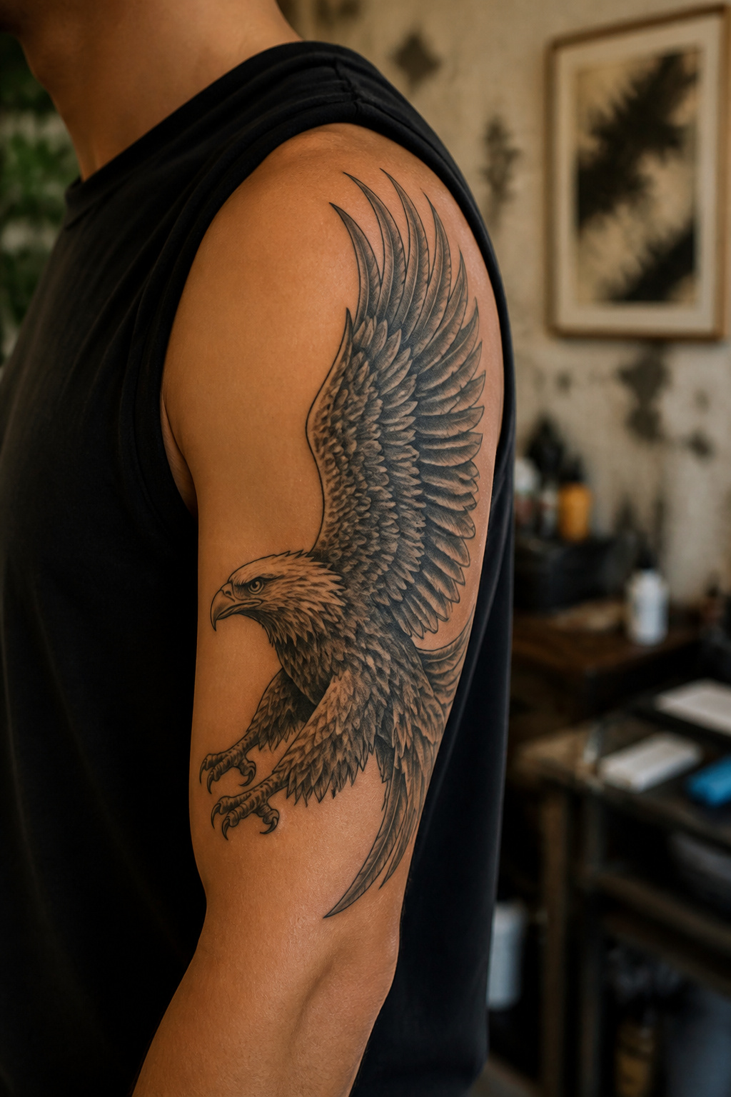 Eagle Tattoo Ideas for Men and Women: Designs and Styles 39 Eagle tattoo on upper arm with detailed design.