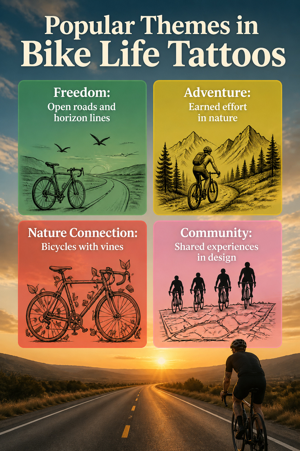Bike Life Tattoo Ideas: 37 Designs for Cyclists in 2026 39 Graphic depicting popular themes in bike life tattoos.
