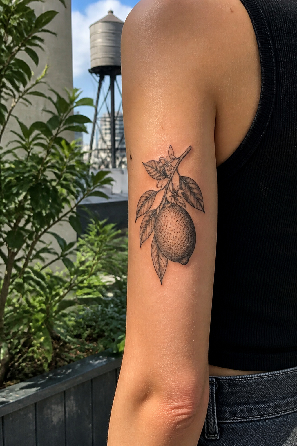 Lemon Tattoo Designs, Meanings, Styles & 2026 Placement Guide 4 A detailed black and gray lemon tattoo on the upper arm.
