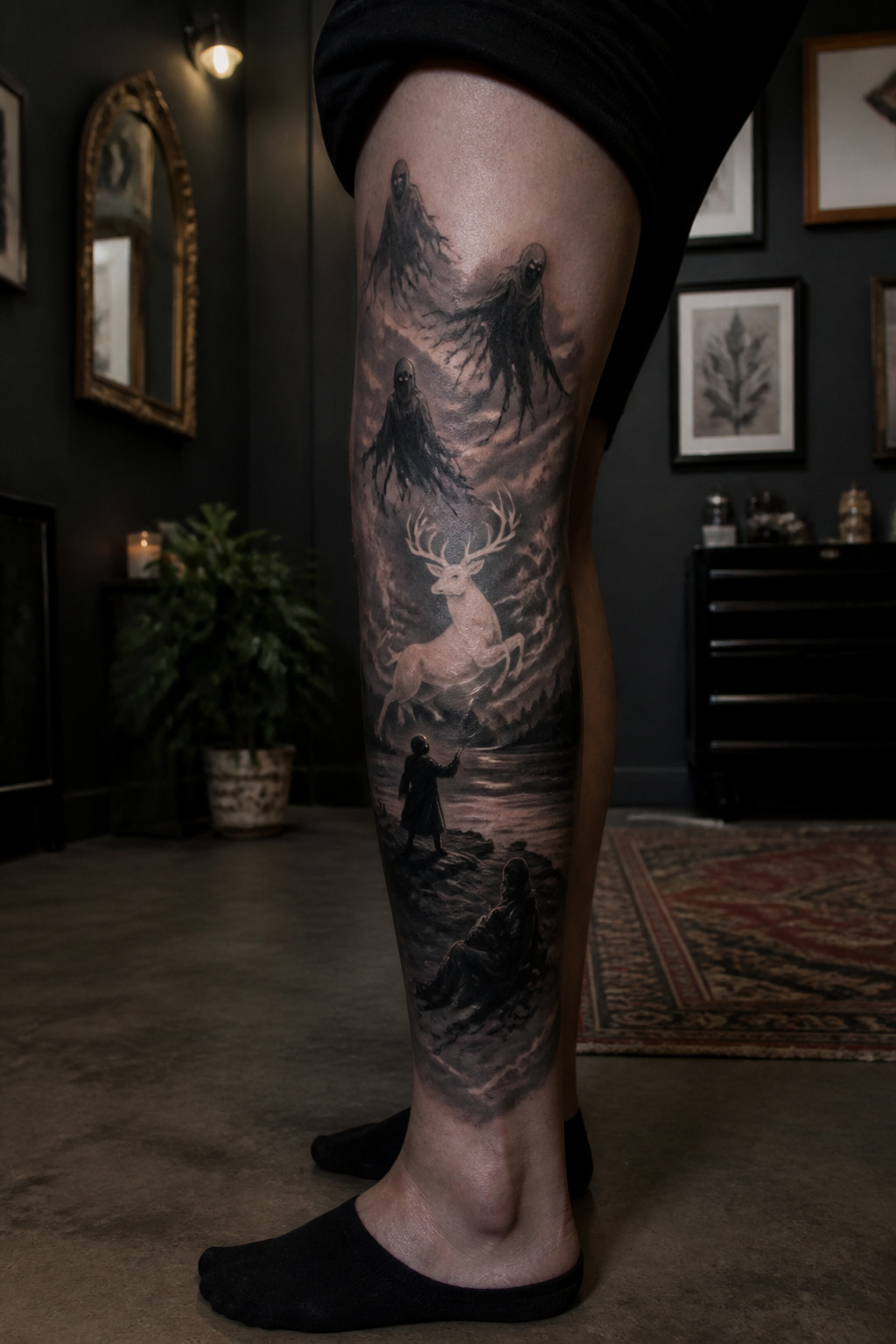 Tattoo depicting Harry with a stag Patronus and Dementors.