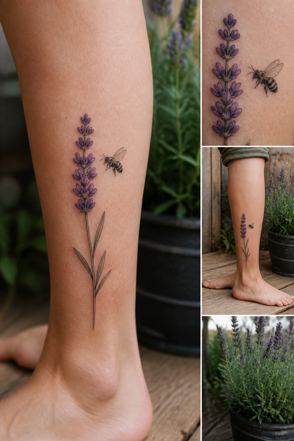 A bee near a lavender stem in a tattoo.