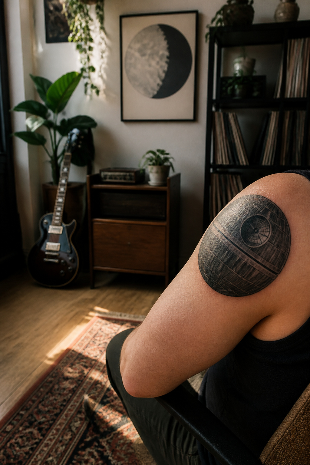 Death Star tattoo positioned on the shoulder, following its shape.