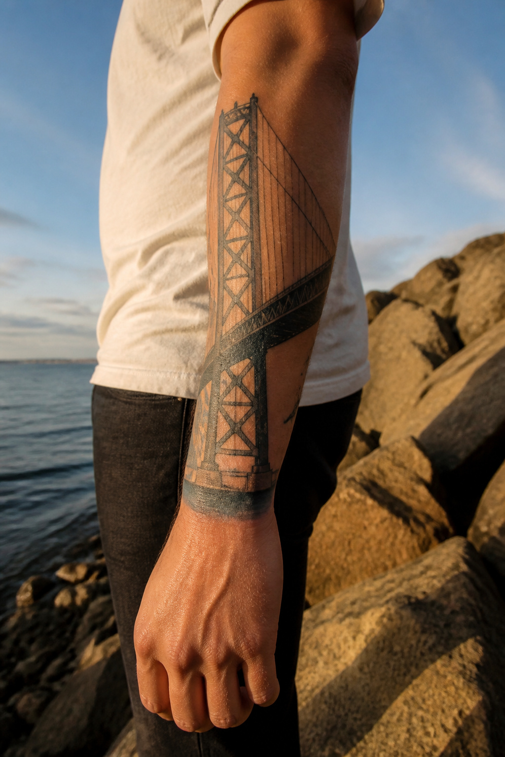 Tattoo of the Bay Bridge inked on a person's arm.