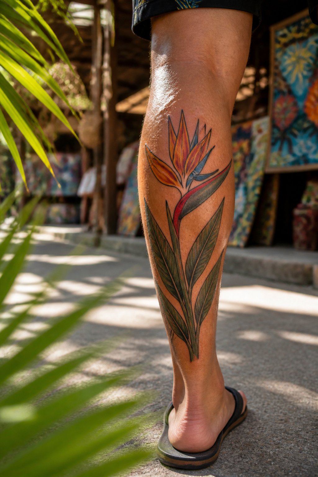 Bird of Paradise Tattoo: Meaning, Styles and Placement 4 Brightly colored bird of paradise tattoo on a person's outer calf.