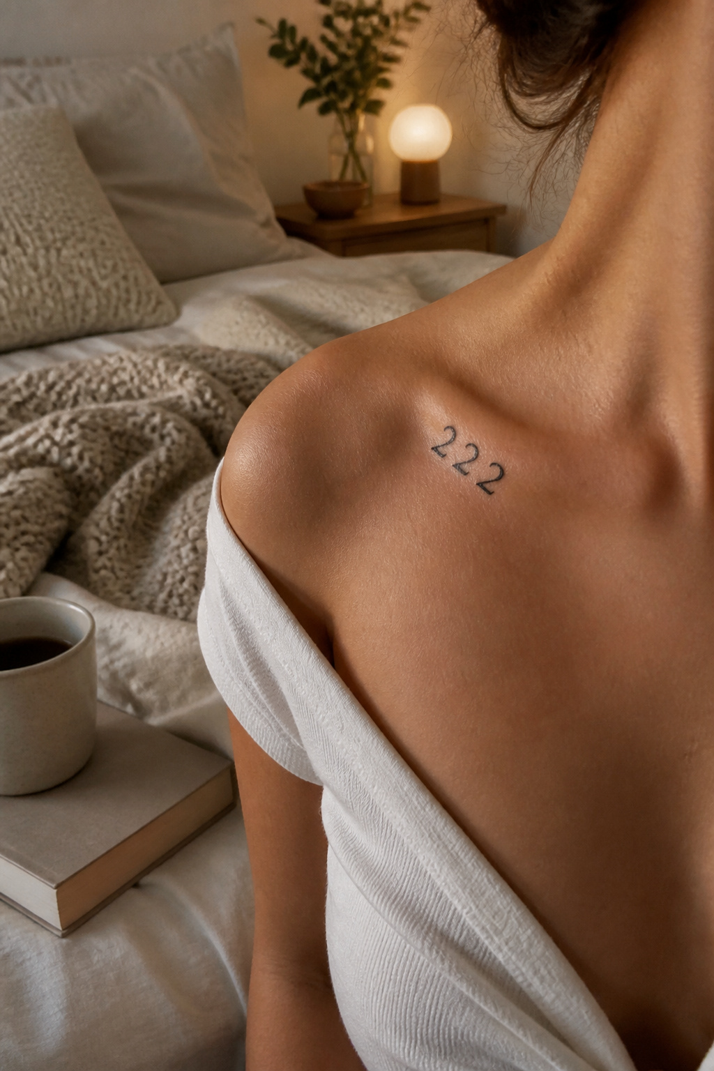 17 222 Tattoo Ideas and Meanings for 2026 4 A close-up of a '222' tattoo across the collarbone area.