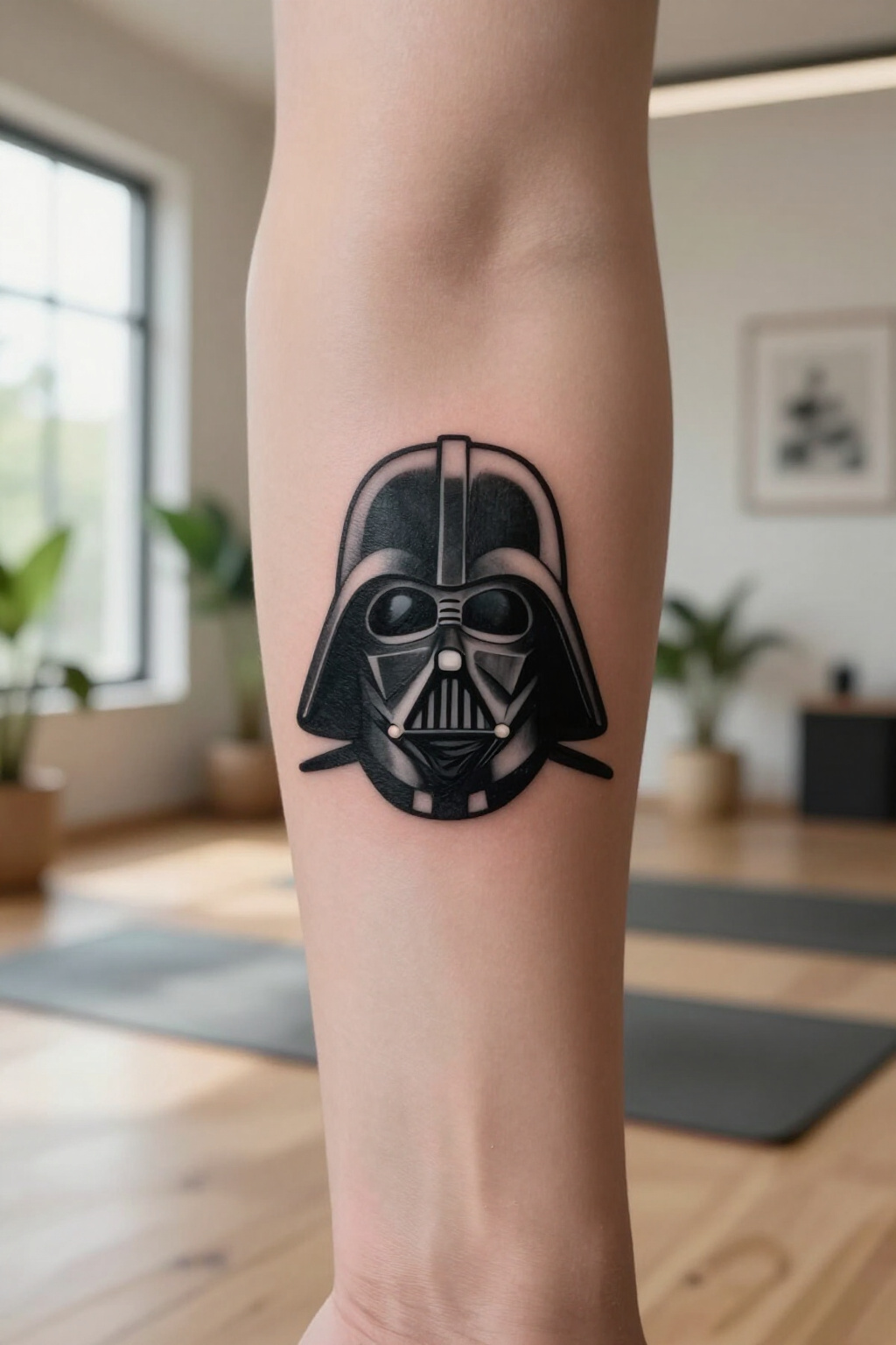 Minimalist tattoo of Darth Vader's helmet outline.