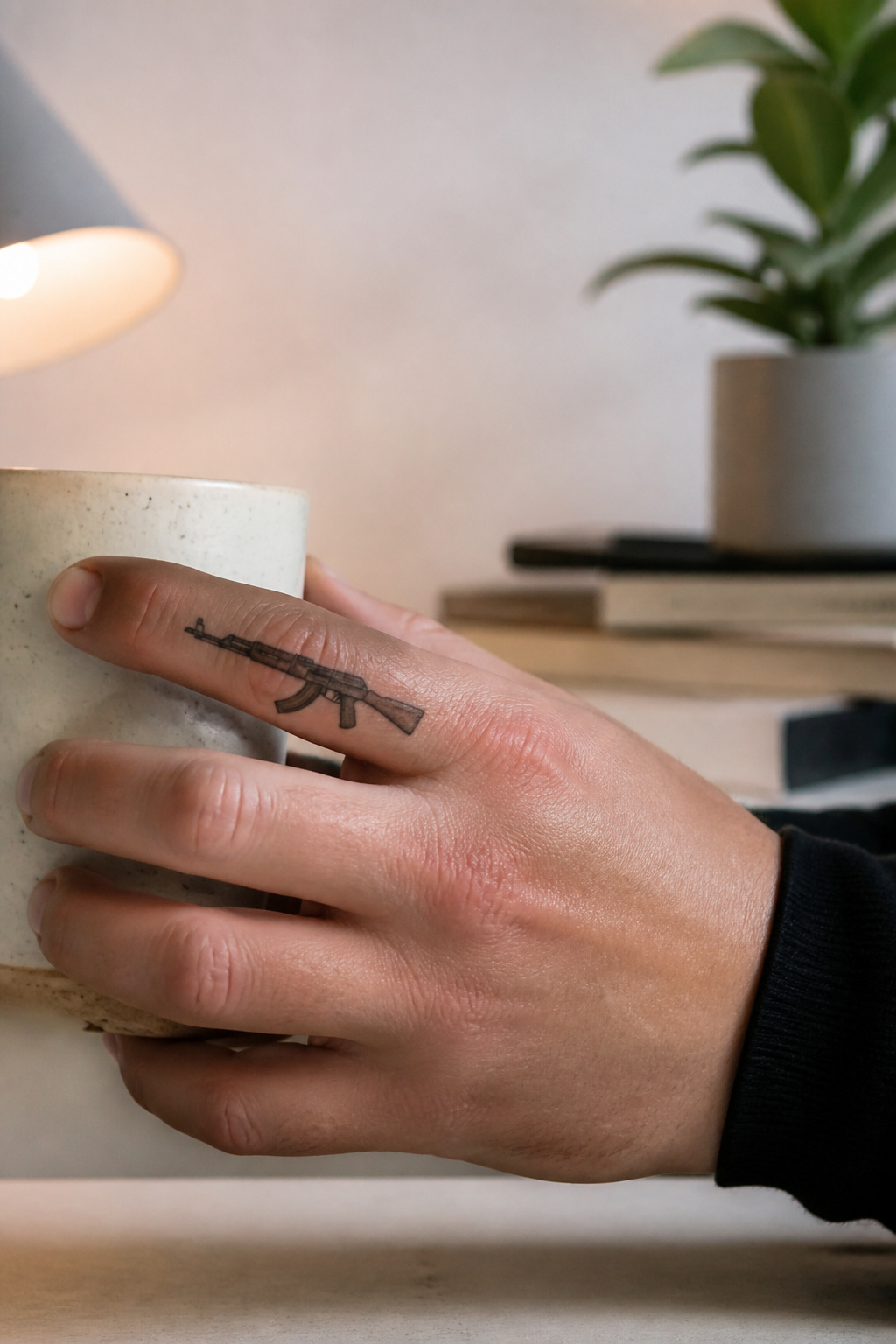 AK-47 tattoo on a person's finger.