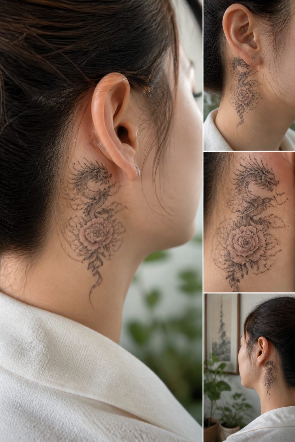 5 Dragon Tattoo Behind Ear Ideas: Styles for 2026 4 Dragon tattoo surrounded by flowers behind the ear.