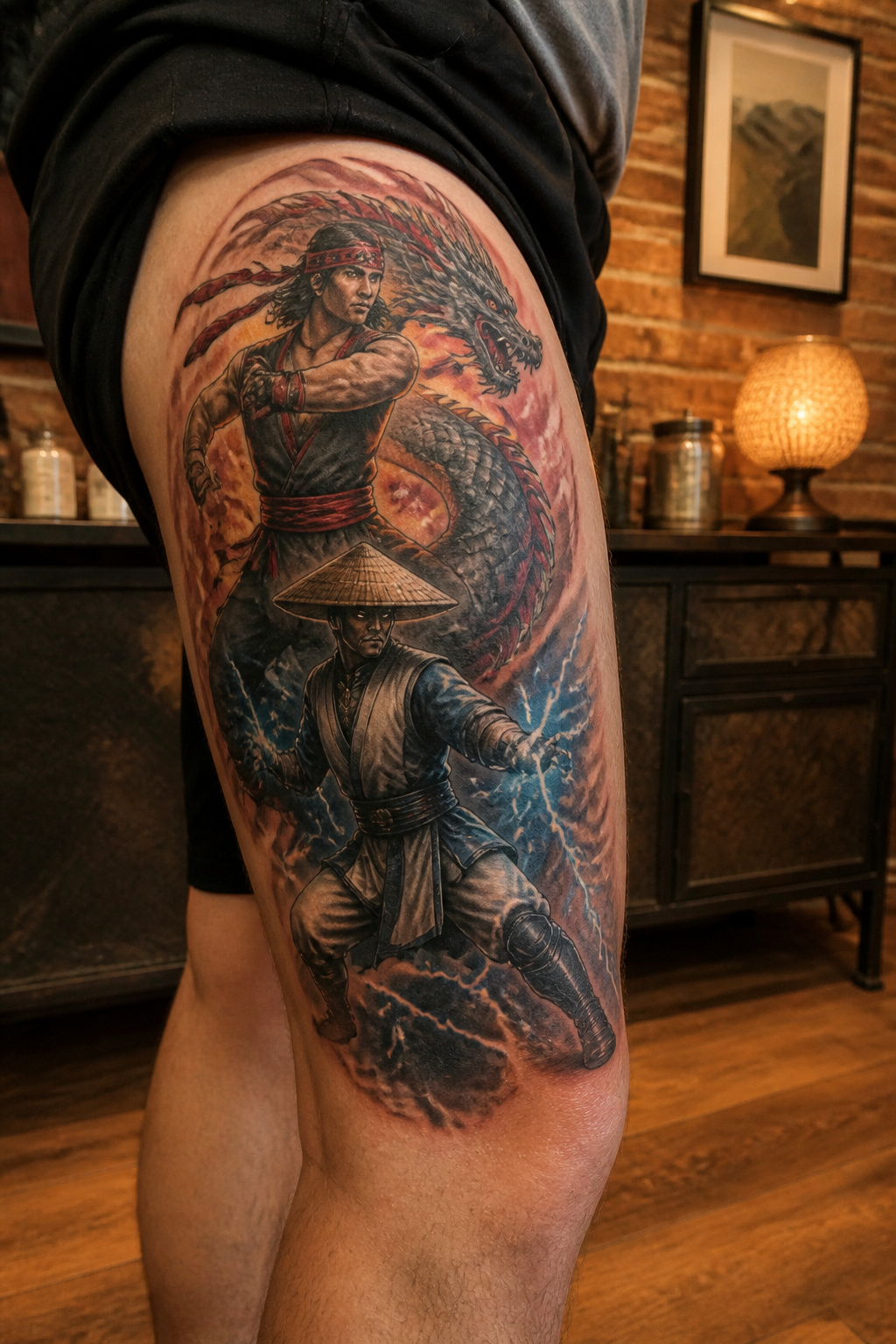 Mortal Kombat Tattoo: Fighter Art, Fatalities, Logo and Custom Ink 4 A tattoo showing Liu Kang and Raiden with vibrant colors and details.