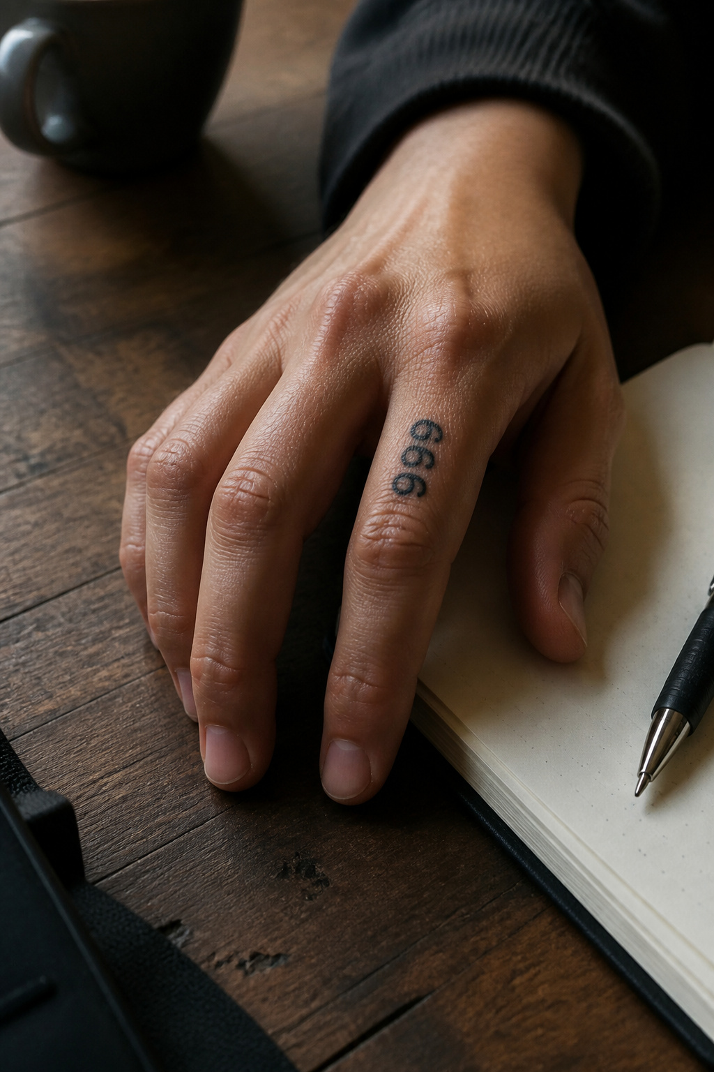 A bold 999 tattoo displayed on a person's finger.