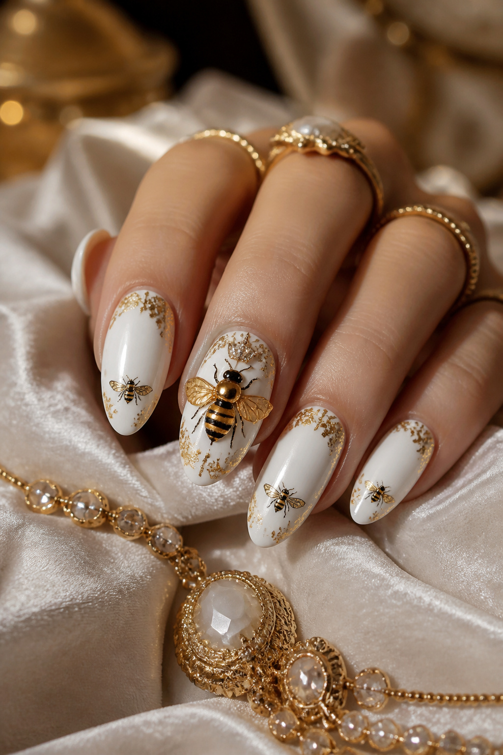 Nails with a large bee design on the ring finger and gold accents.