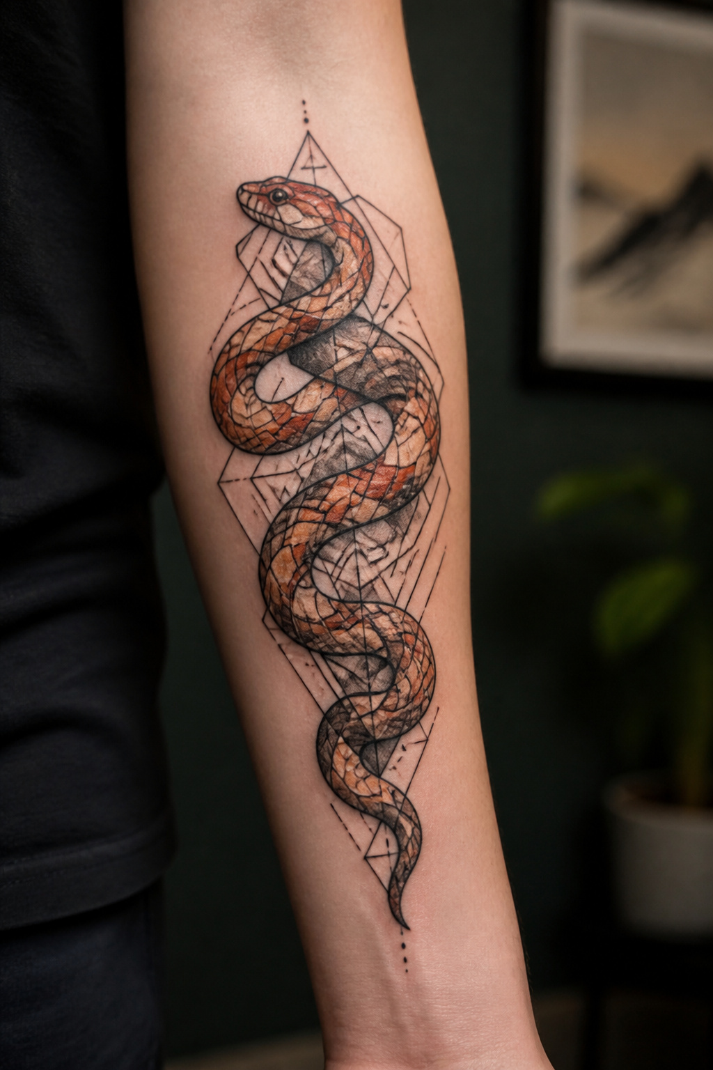 Geometric-style corn snake tattoo.
