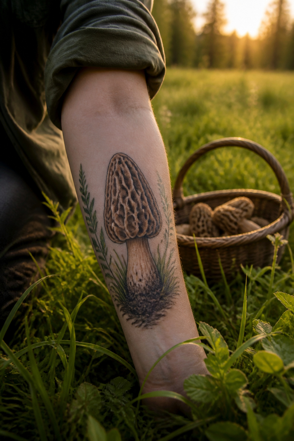 Detailed morel mushroom tattoo on a forearm.
