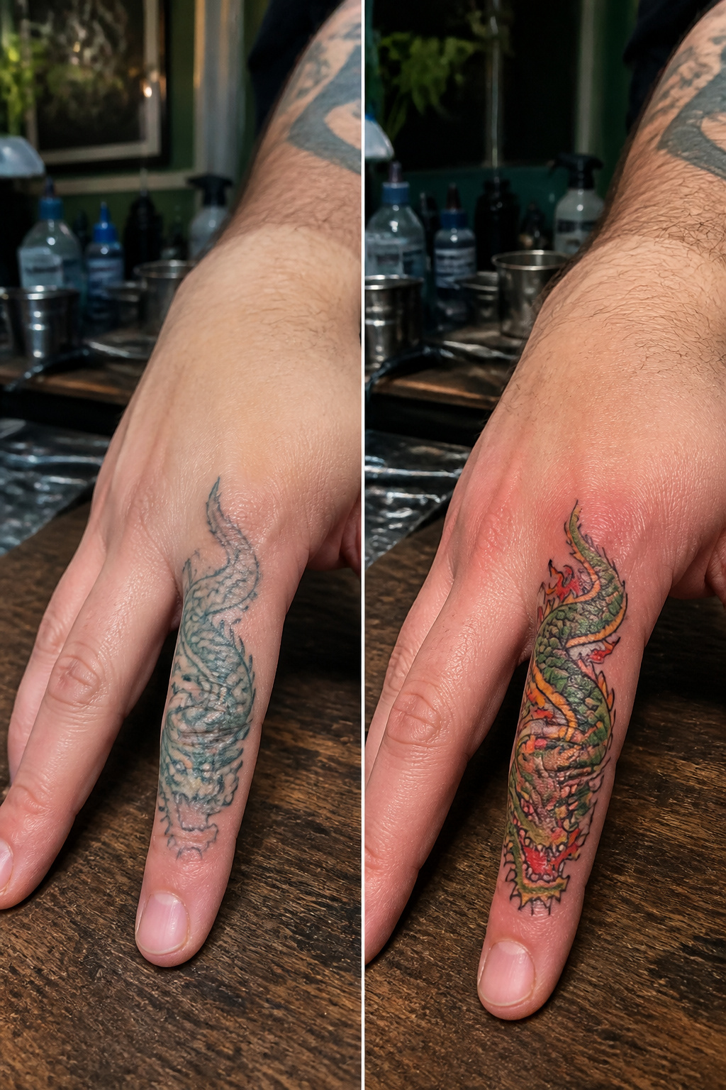 Close-up of different styles of dragon finger tattoos.