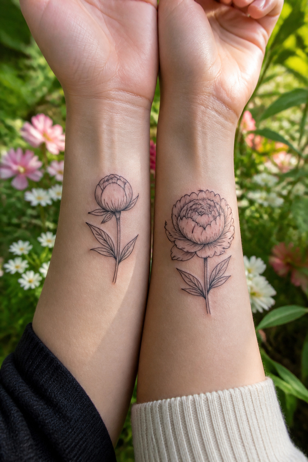 Close-up of two wrists with peony tattoos.
