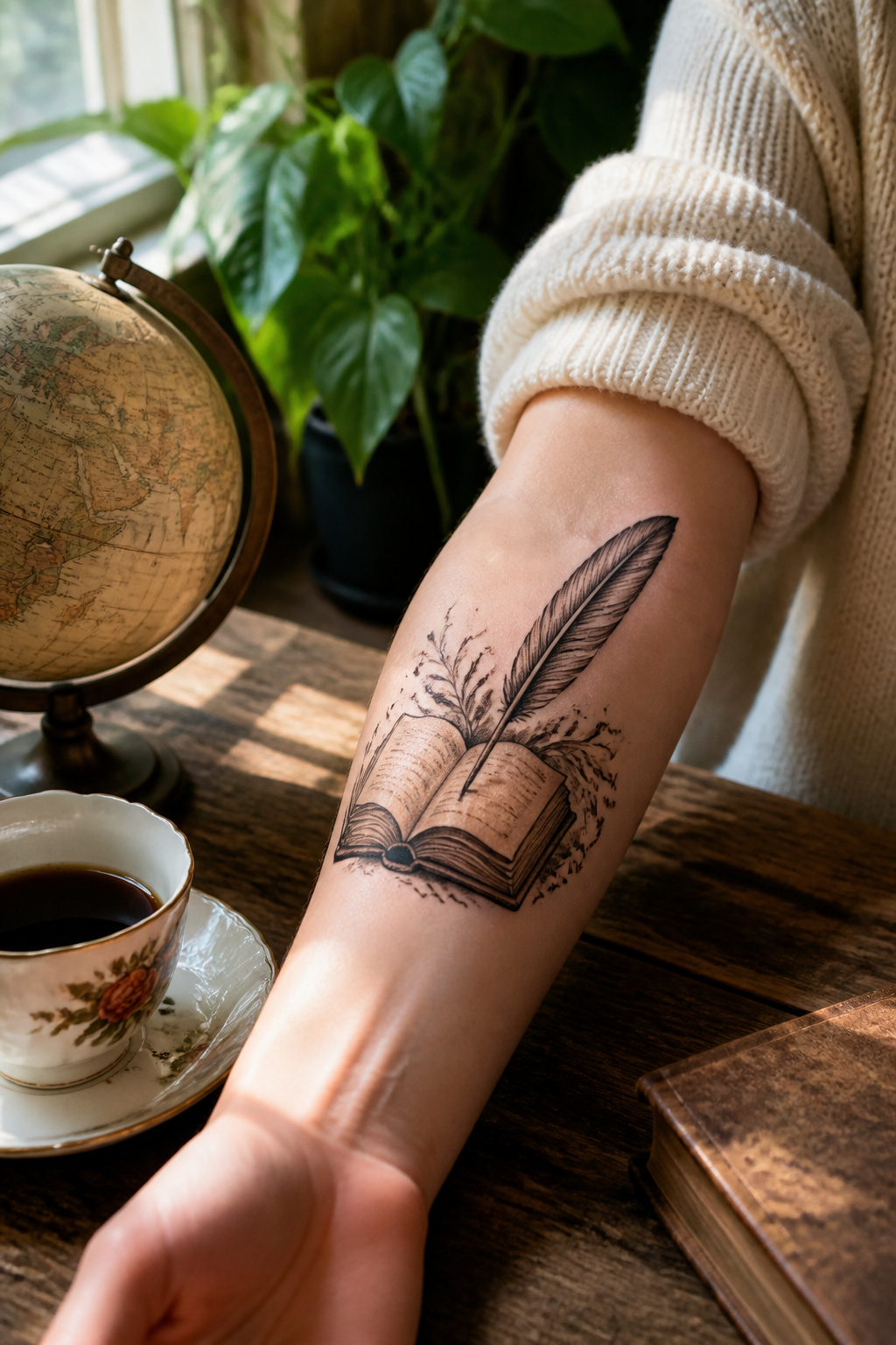 Tattoo of an open book and quill on a forearm.