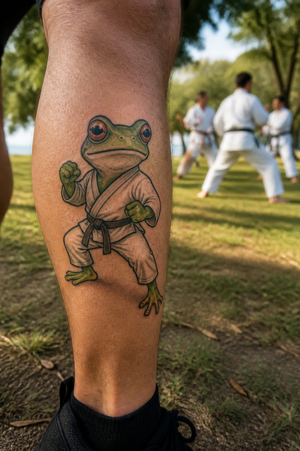 Martial Arts Tattoo Ideas: Karate Symbols, Black Belts and Personal Meaning 4 Cartoon-style frog in a karate gi performing a kick.
