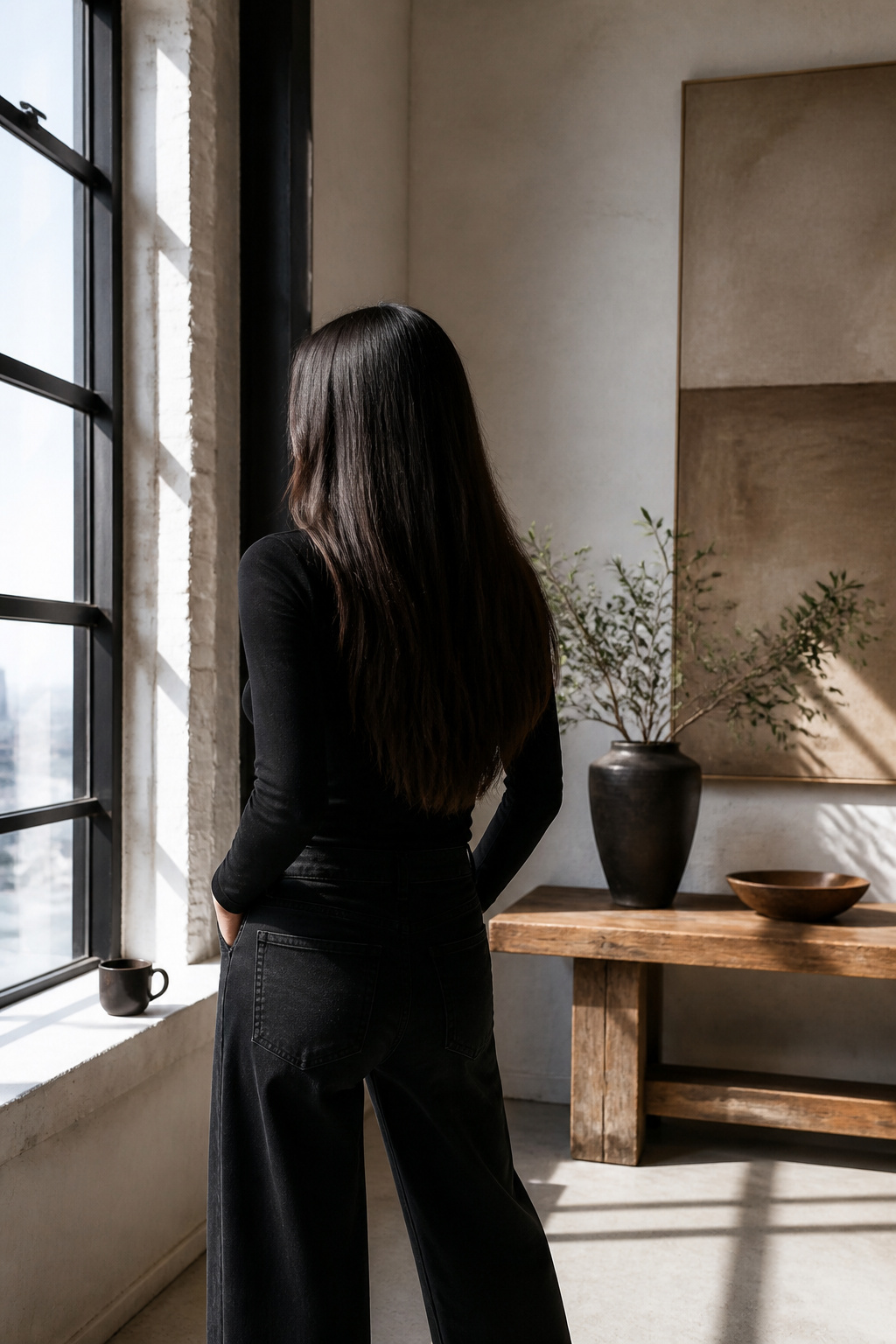A model with espresso brown hair in an industrial loft.