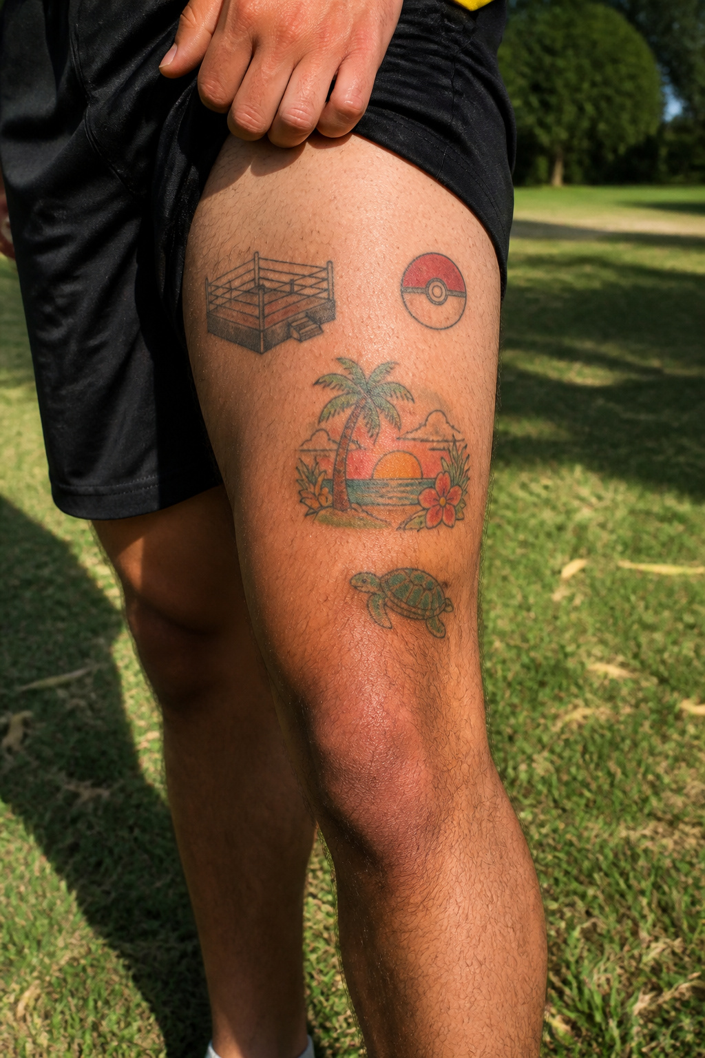 5 Bad Bunny Tattoo Placements on His Body (2026) 4 Bad Bunny's left thigh with four distinct tattoos including Pokémon.
