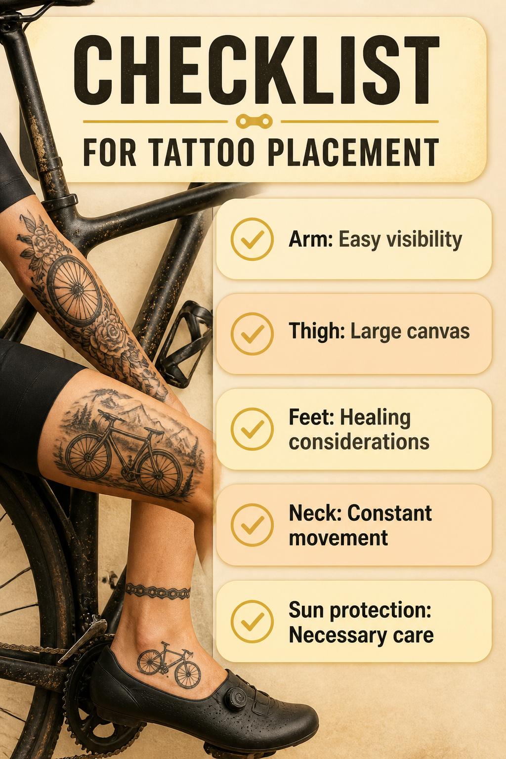 Bike Life Tattoo Ideas: 37 Designs for Cyclists in 2026 40 Checklist graphic for tattoo placement ideas.