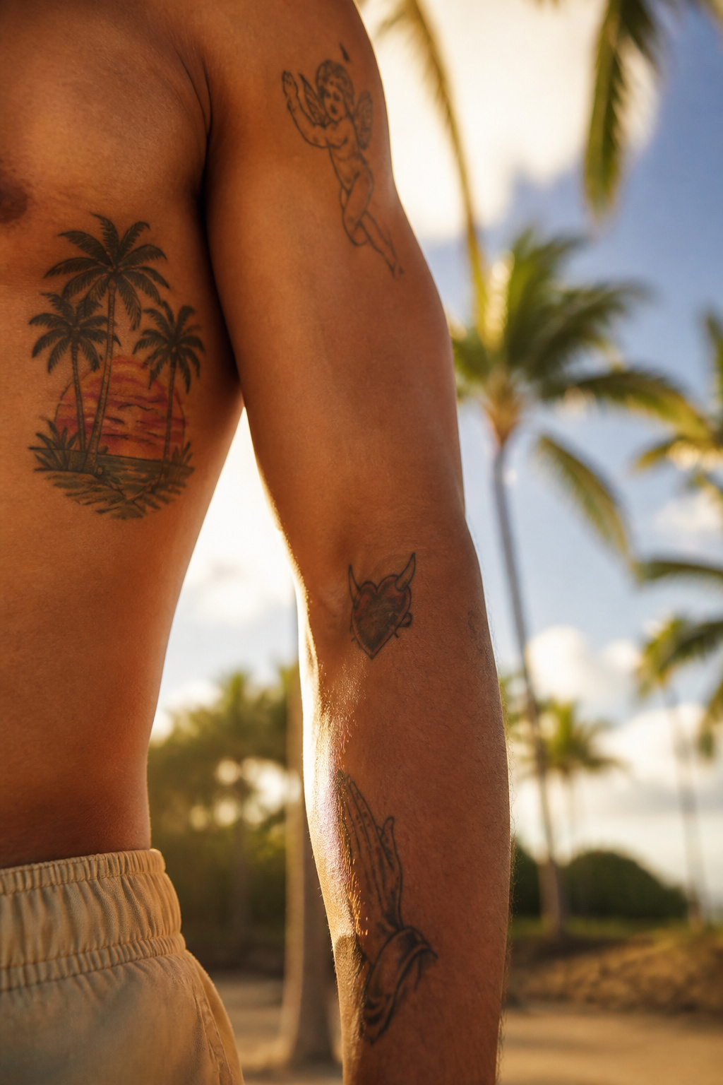 5 Bad Bunny Tattoo Placements on His Body (2026) 5 Close-up of Bad Bunny's arm tattoo depicting a palm tree and sunset.