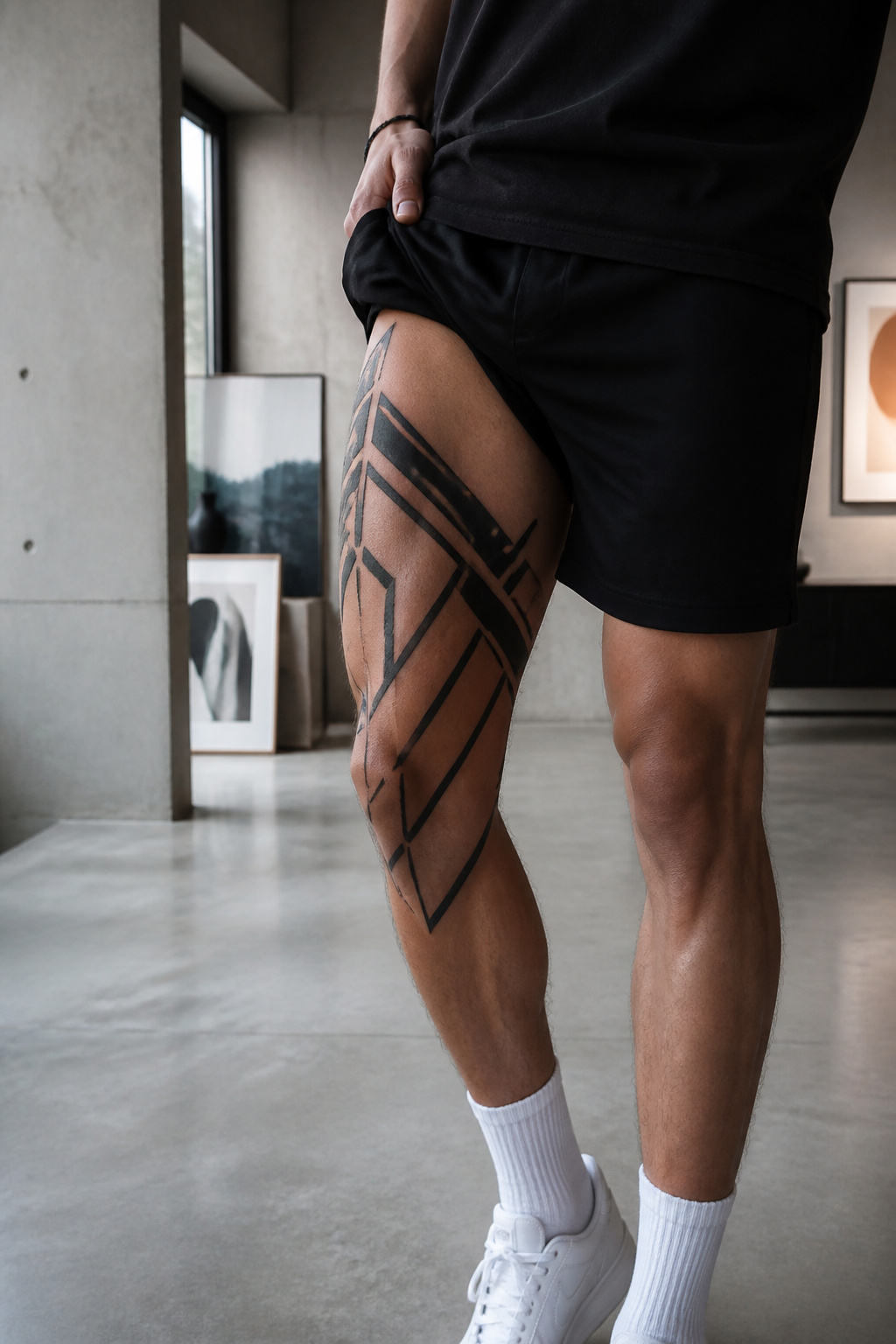9 Above Knee Tattoo Styles for 2026: From Butterflies to Tribal 5 Geometric tattoo with thick black lines on a model's thigh.