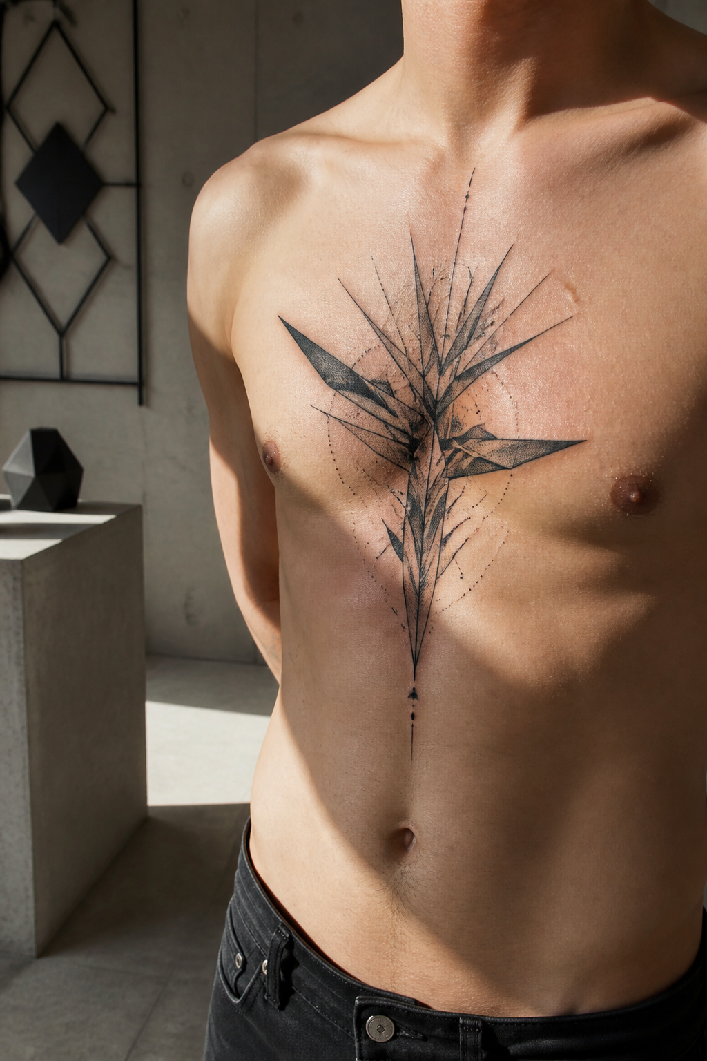 Bird of Paradise Tattoo: Meaning, Styles and Placement 5 Geometric design of a bird of paradise tattoo on a person's sternum.