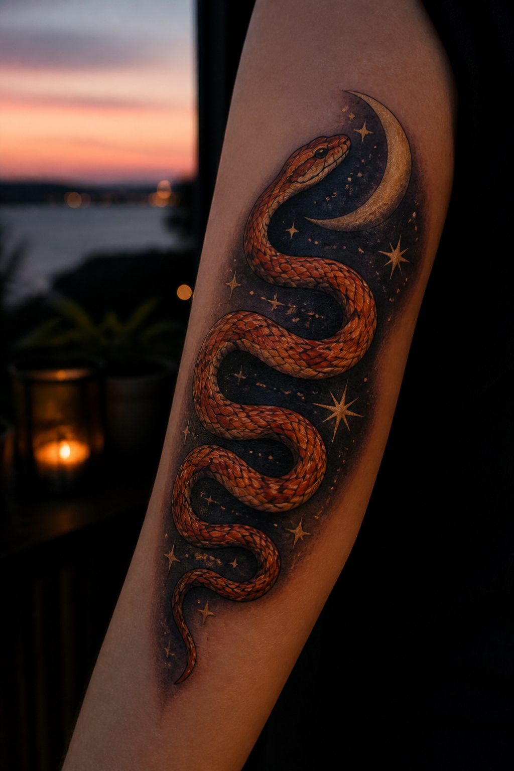 Corn snake intertwined with moon and stars tattoo.