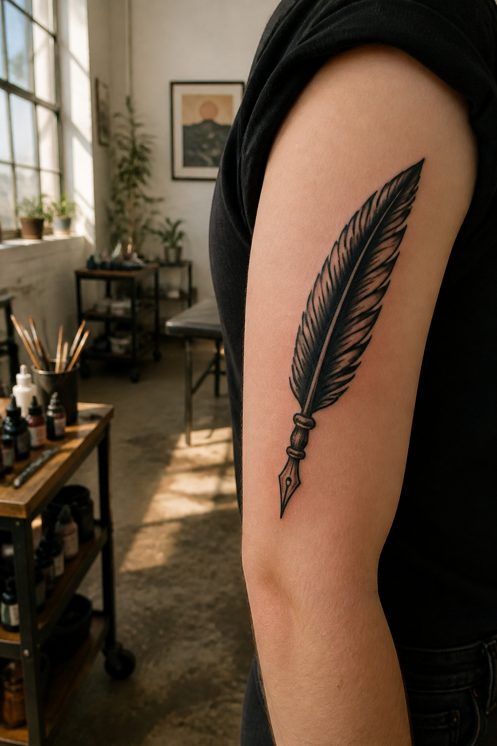 Traditional quill tattoo with thick lines on an upper arm.