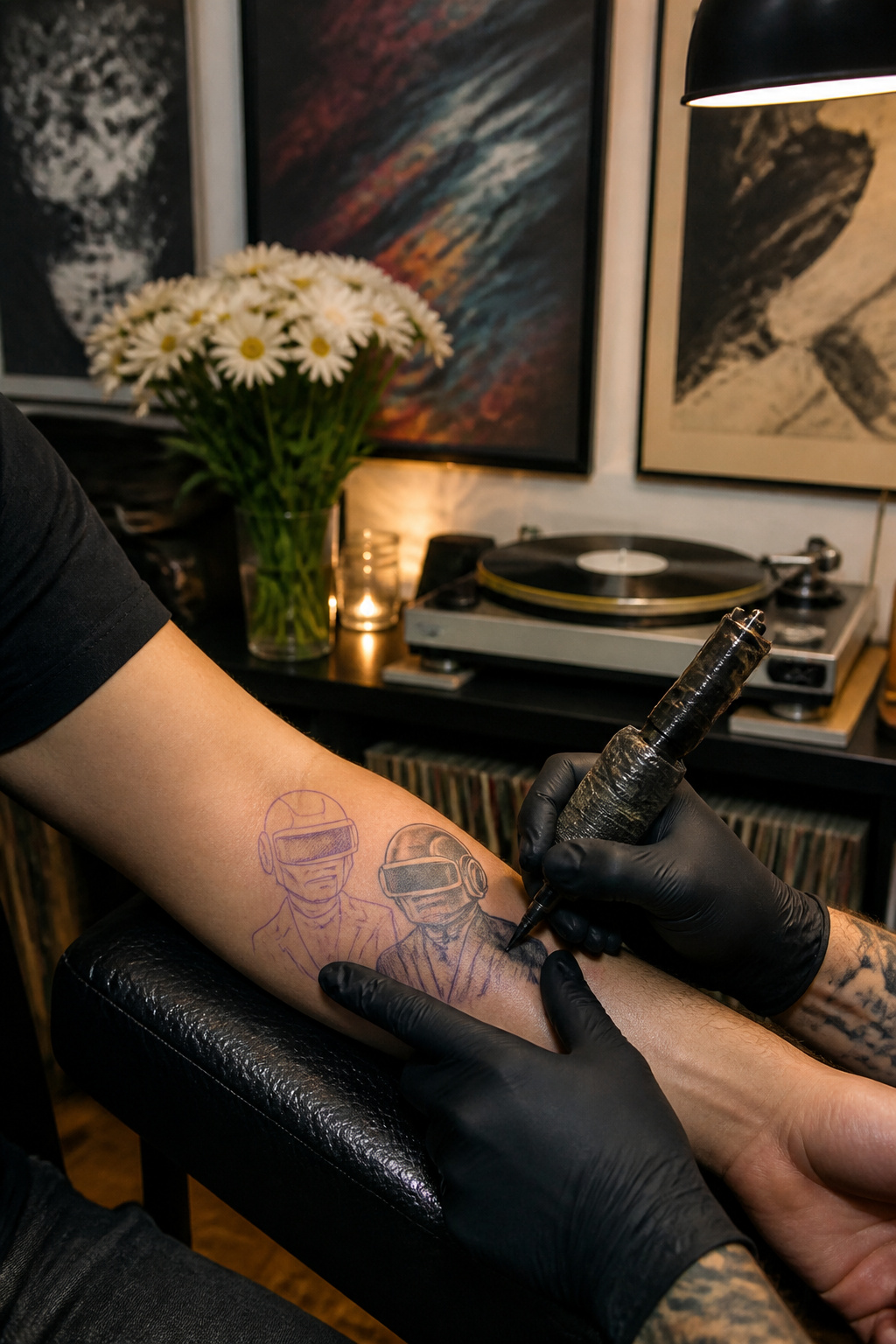 Tattoo artist working on a portrait of Daft Punk members.