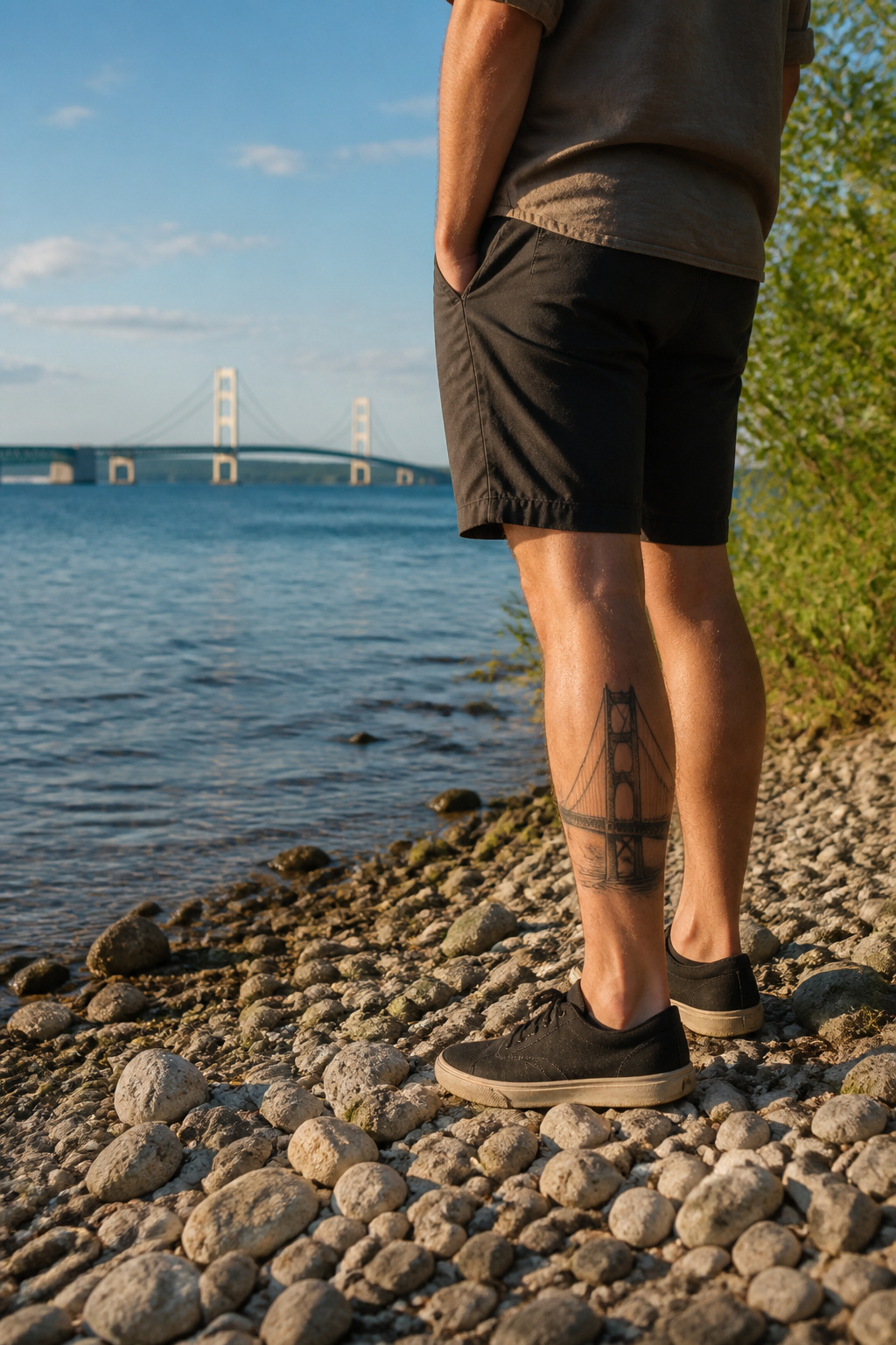 Mackinac Bridge tattoo displayed on a model's skin.