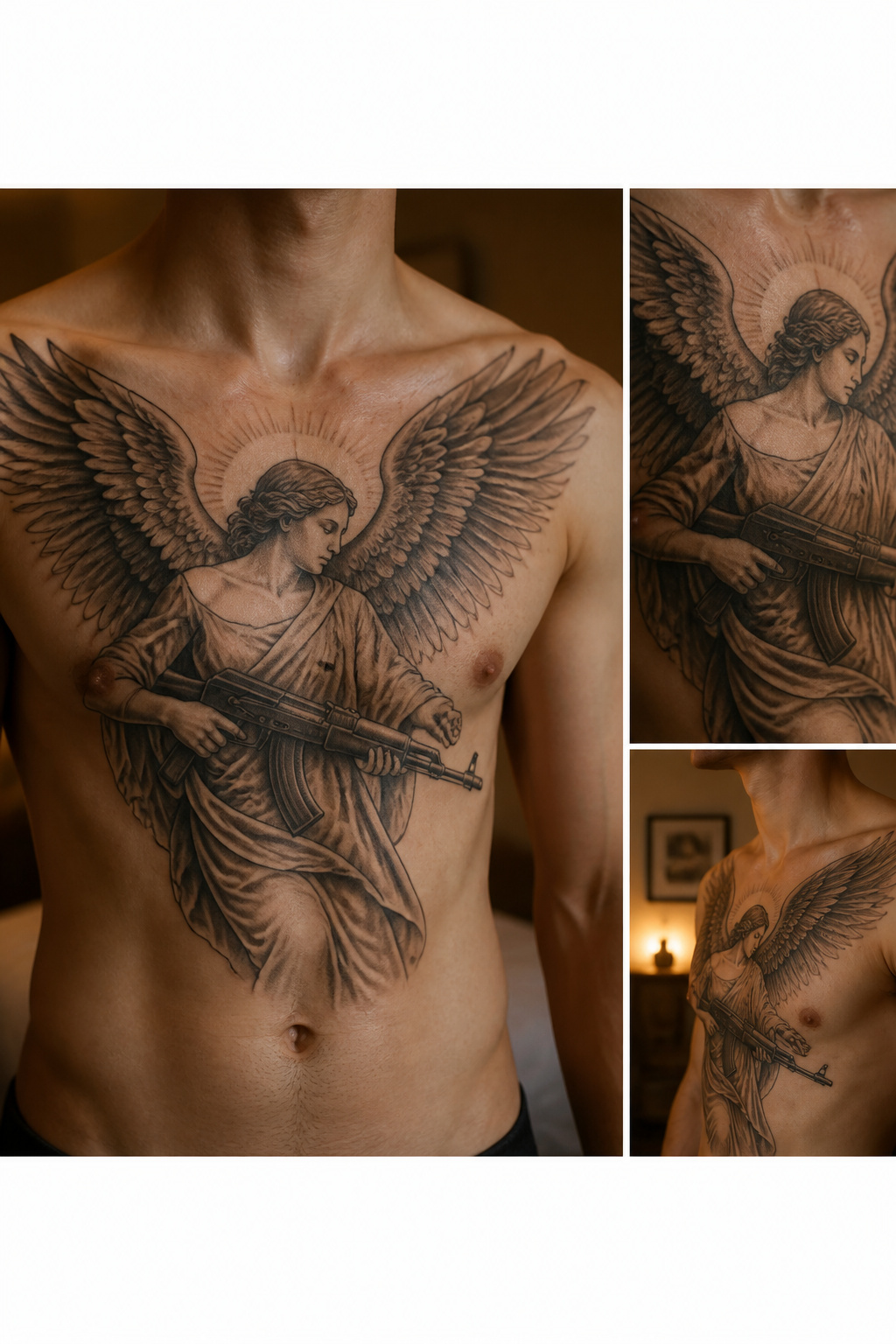 Tattoo of an angel holding an AK-47.