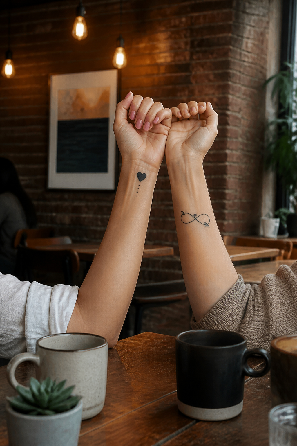 One arm with a solid heart tattoo and another with an infinity sign.