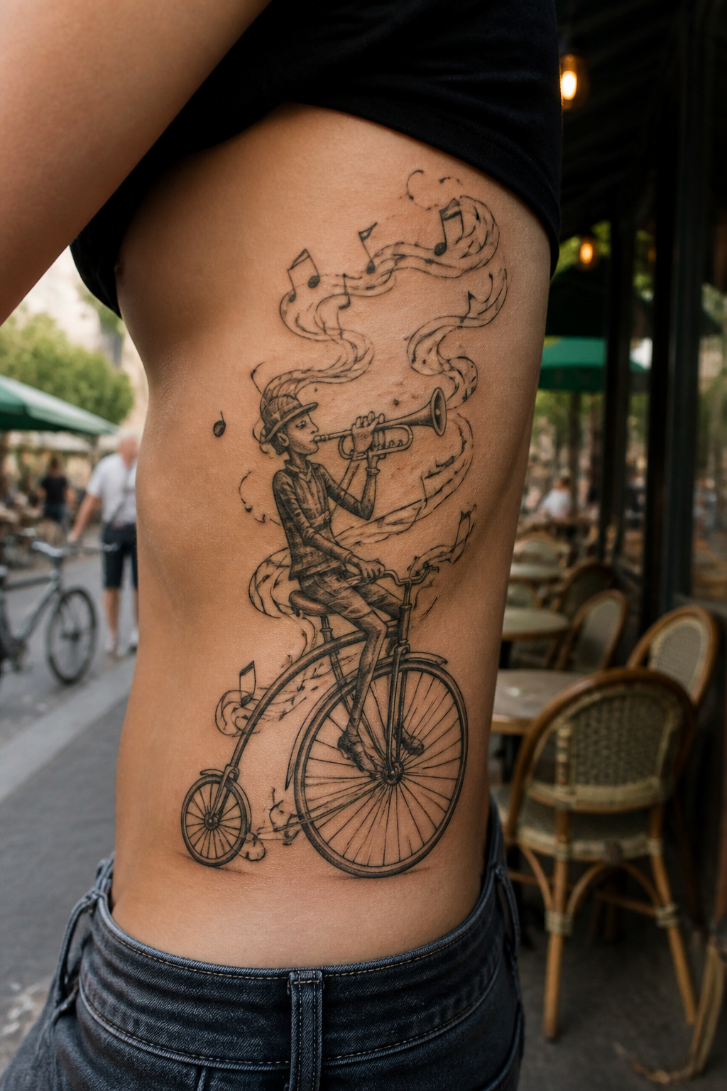 Bike Life Tattoo Ideas: 37 Designs for Cyclists in 2026 5 Surreal tattoo of a cyclist with a trumpet for a head.