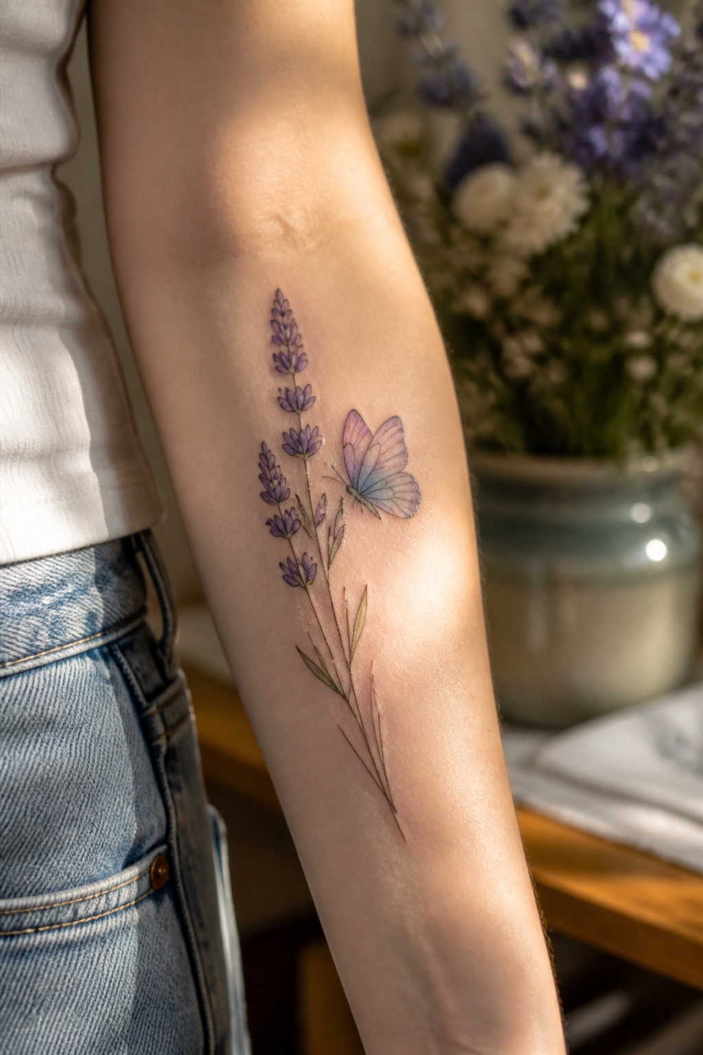 A butterfly perched on a lavender stem tattoo.