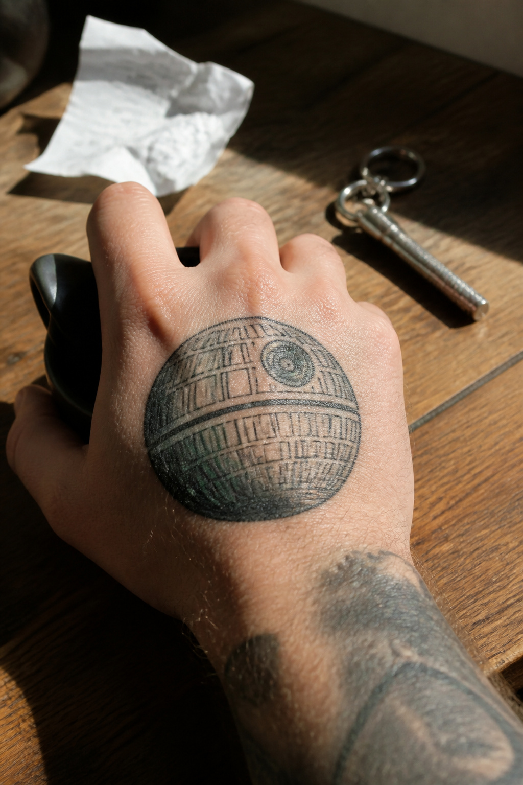 Death Star tattoo on the back of a hand with bold lines.