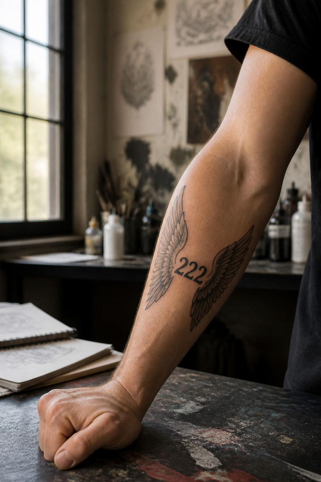 17 222 Tattoo Ideas and Meanings for 2026 5 A tattoo of '222' with angel wings surrounding the numbers.