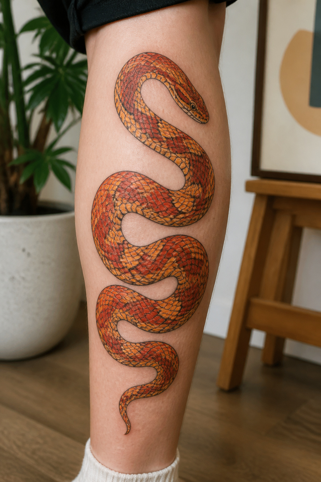 Brightly colored corn snake tattoo.