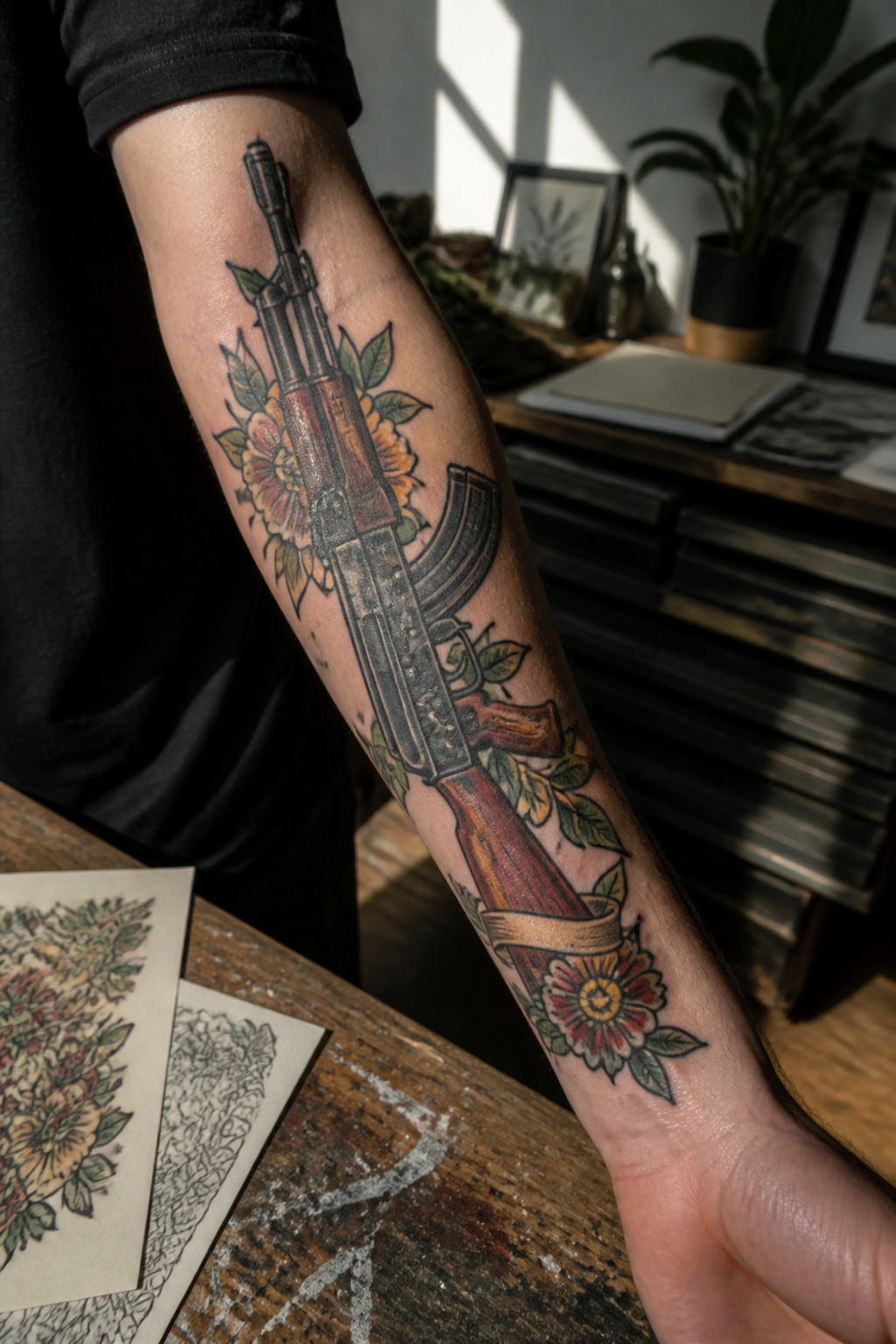 Forearm tattoo of an AK-47 with vibrant colors.