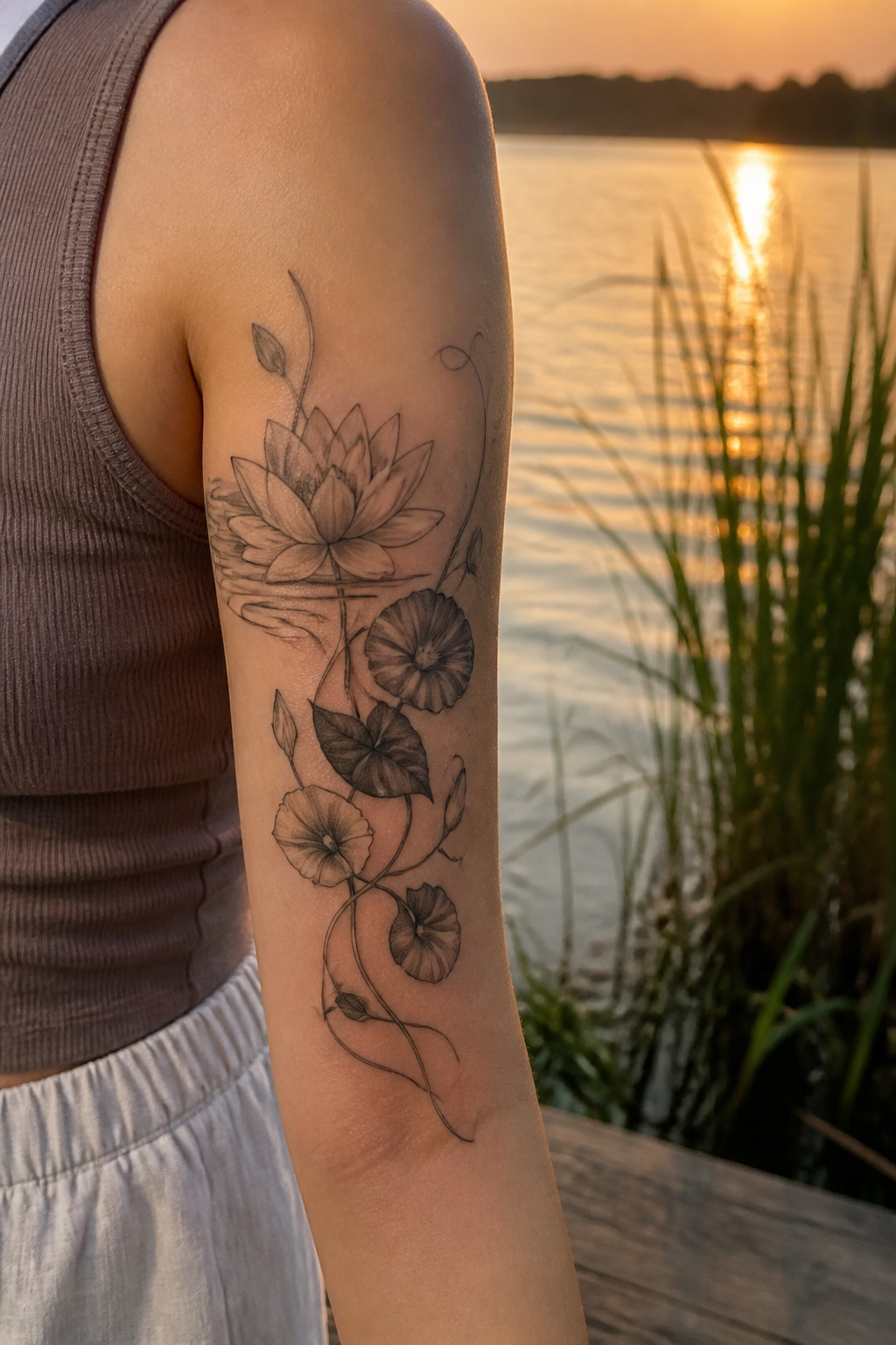25 Morning Glory Tattoo Ideas for 2026 6 Tattoo featuring water lily and morning glory on upper arm.
